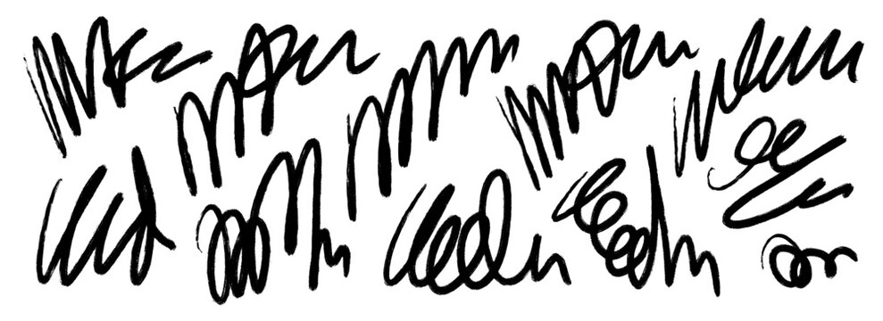 Hand drawn pen scribbles set. Black free hand rough pencil scrawls collection. Grunge crayon curly doodle line pack. Messy charcoal squiggle brush stroke bundle. Vector bold wiggly marker sketch swirl