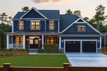 Fototapeta premium Modern two-story blue house with large windows, front porch, double garage, and well-maintained lawn at sunset