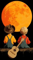 Two Children Watching a Giant Orange Moon with a Guitar