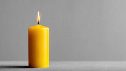 Lit Yellow Candle on Gray Background.