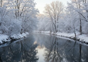 Snow covered trees reflecting in a calm river during the winter season