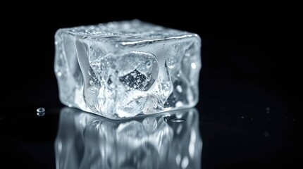 Obraz premium A clear ice cube sits on a reflective surface against a dark background