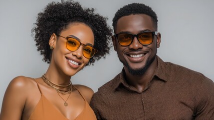 Happy young African American couple wearing amber sunglasses.