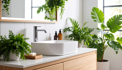 A modern bathroom features a sleek white basin atop a wooden vanity, surrounded by vibrant green plants and natural light streaming through large windows for a refreshing atmosphere.