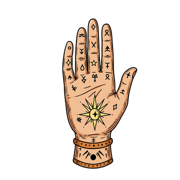 Illustration of a palmistry hand with various symbols and a sunburst on a black background design