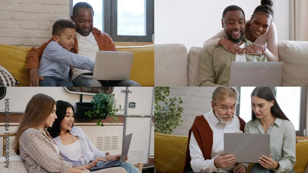 Aufkleber Groups of diverse individuals engage with laptops, collaborating and sharing ideas. They are in comfortable indoor spaces, showing joy and connection while using technology to communicate.