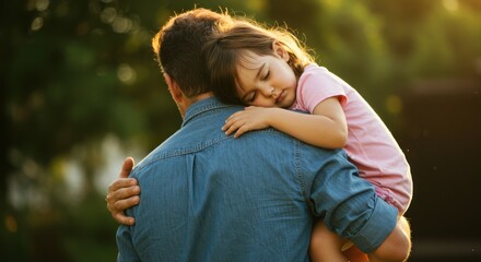 Father affectionately holding sleeping daughter outdoors