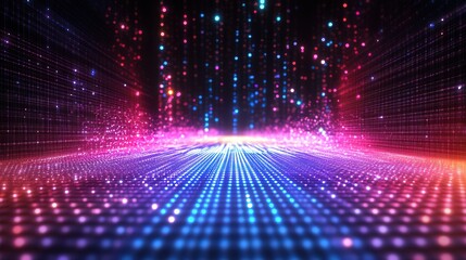 A digital grid with holographic stock market trend lines going up