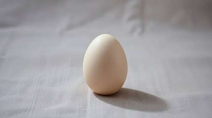 A single light beige egg sits upright casting a shadow on textured gray fabric