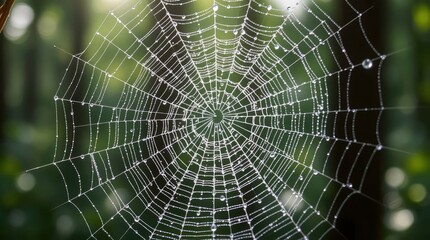 Obraz premium A spiderweb fills the frame adorned with glistening water droplets against a blurred green backdrop