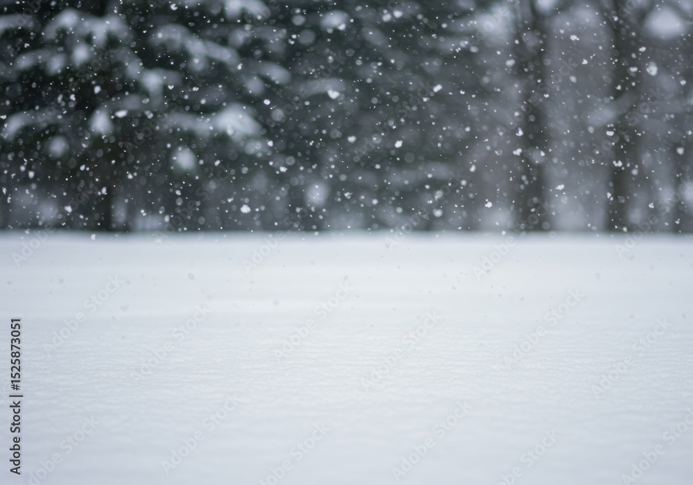 Poster snow falling on a field with trees in the blurred background photo