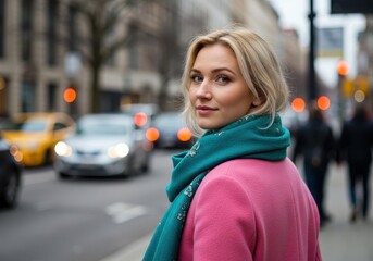 Blonde woman with teal scarf and pink coat on city street looking back