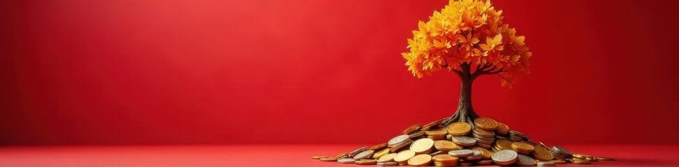 Golden leaves sprout from a whimsical money tree atop a coin pile Red background , luxury, dreamlike, photography