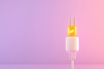 A white electric plug on a pastel pink and purple background with minimalistic lighting.