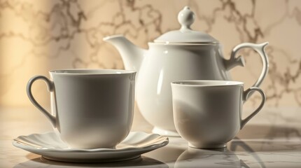 A white teapot and two white cups on a marbled surface bathed in soft light