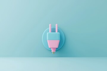 Minimalist image of a pastel pink and blue electrical plug inserted into a matching wall socket against a light blue background.