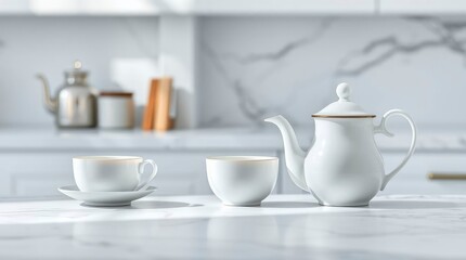 Fototapeta premium A white teapot a cup and a saucer sit on a marble countertop against a blurred kitchen backdrop