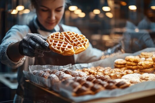 Smiling baker holding fresh golden waffle above a tray of assorted pastries and baked goods in a warm bakery setting - Powered by Adobe