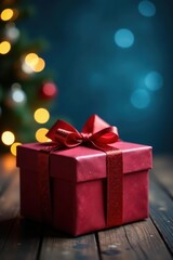 Obraz premium Rustic red gift box, blurred blue Christmas lights, ribbon, wood