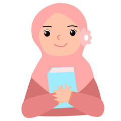 cartoon illustration of a woman wearing a hijab carrying a book