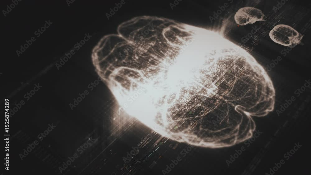 Poster Futuristic biomedical concept featuring advanced holographic scanning technology performing detailed brain neuron pathology and diagnostic analysis. High-tech medical visualizing neural network