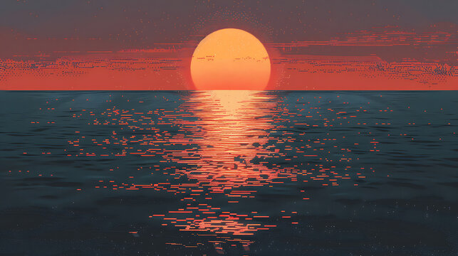 A vibrant sunset over the ocean creates a stunning reflection on the water, painting the sky with hues of orange and red as the sun dips below the horizon