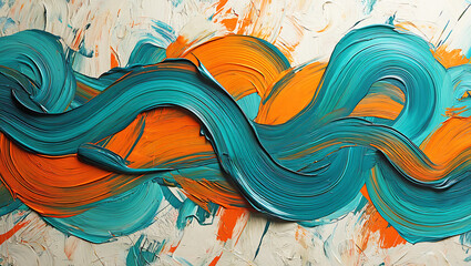 Abstract oil painting with teal and orange brushstrokes