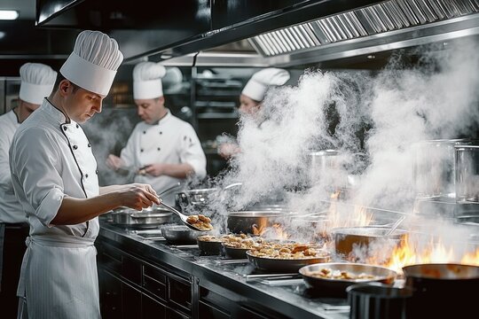 Professional chefs in white uniforms cooking multiple dishes on a busy stovetop with flames and steam in a commercial kitchen