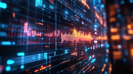 A cyber-themed data visualization wall showing increasing business profits 