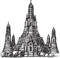 Obraz premium A intricate black-and-white drawing of Wat Arun, the iconic Thai temple, showcasing architectural beauty and spiritual heritage