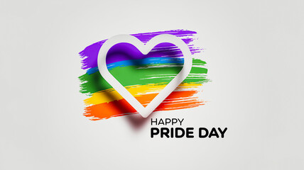 Happy Pride Day. Volumetric 3d white heart on background paint strokes of rainbow LGBTQ flag and text on light background. Holiday background, banner, postcard for Pride Month in June