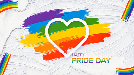 Happy Pride Day. Voluminous  white heart on a background of paint strokes of a rainbow LGBTQ flag and colorful text on a light background. Holiday banner, postcard for Pride Month in June