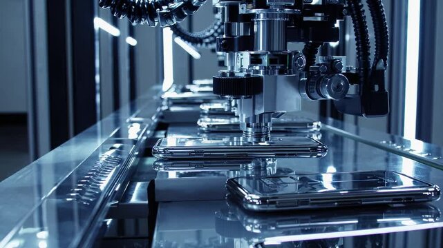 Robotic arm assembling smartphones in hightech manufacturing environment