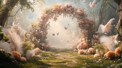 Enchanting Floral Archway in a Mystical Forest with Delicate Butterflies and Ethereal Light