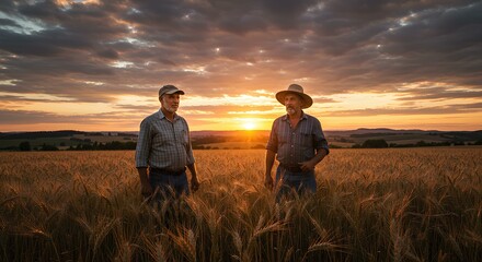 Farmers at Sunset Golden Wheat Field Harvest