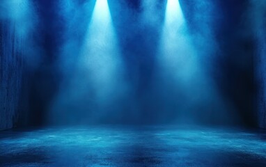 Naklejka premium Empty dark room illuminated by three blue spotlights with mist creating an atmospheric and mysterious ambiance