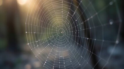 Naklejka premium Detailed spiderweb dew drops cling to the delicate threads softfocus forest background sunlit