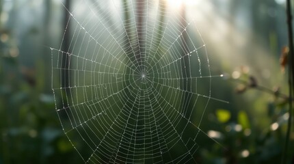 Dewcovered spiderweb dominates the focus suspended in a blurred green outdoor environment