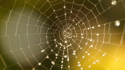 Fototapeta premium Dewcovered spiderweb glistening with droplets on a blurred green and yellow background