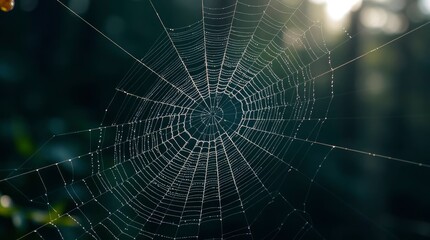 Dewcovered spiderweb glistens against a blurred dark green backdrop highlighting its intricate design