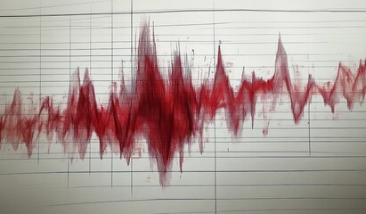 Red jagged waveform or seismic activity graph on a white grid background illustrating fluctuating data with intense peaks and troughs