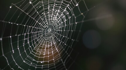 Dewdropladen spiderweb gleams against a dark background showcasing intricate lines and water droplets