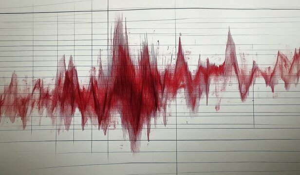 Red jagged waveform or seismic activity graph on a white grid background illustrating fluctuating data with intense peaks and troughs