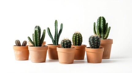 Fototapeta premium Eight cacti of varying shapes and sizes in terracotta pots arranged against a plain white background