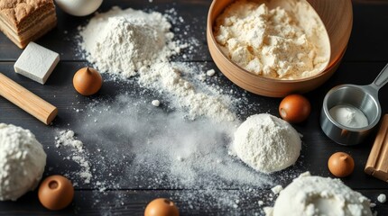 Flour eggs and wooden tools are arranged on a dark wooden surface suggesting baking or cooking preparation