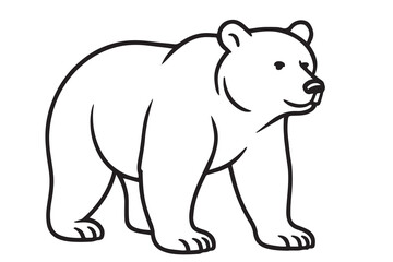 Vector illustration of a bear in minimalist style, black and white with thick black outlines and basic shapes capturing the animal’s form clearly.

