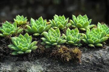 Close-up of green succulent plants growing densely on rough gray rock surface with patches of moss under natural light