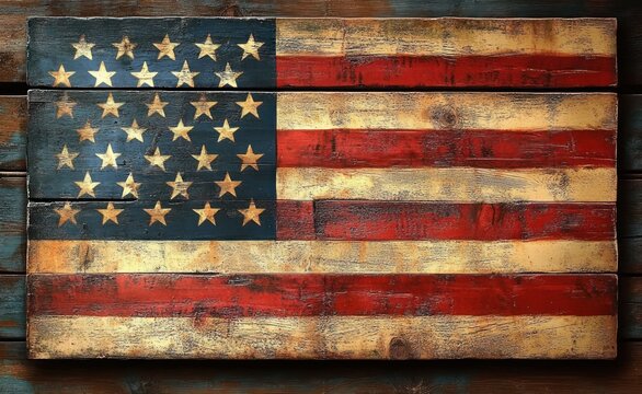 rustic wooden plank painted with a vintage american flag design featuring stars and stripes with worn textures and distressed colors