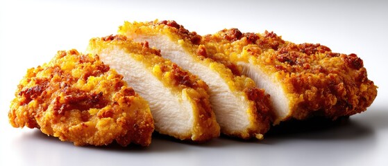 Crispy golden breaded chicken breast, sliced and served on a clean white surface.