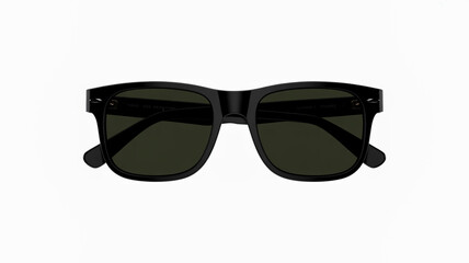 Fototapeta premium A product photo of black rectangular sunglasses with dark green lenses against a pure white background.